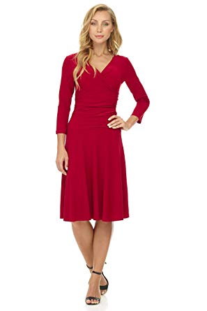 Rekucci Women's Slimming 3/4 Sleeve Fit-and-Flare Crossover Tummy Control Dress