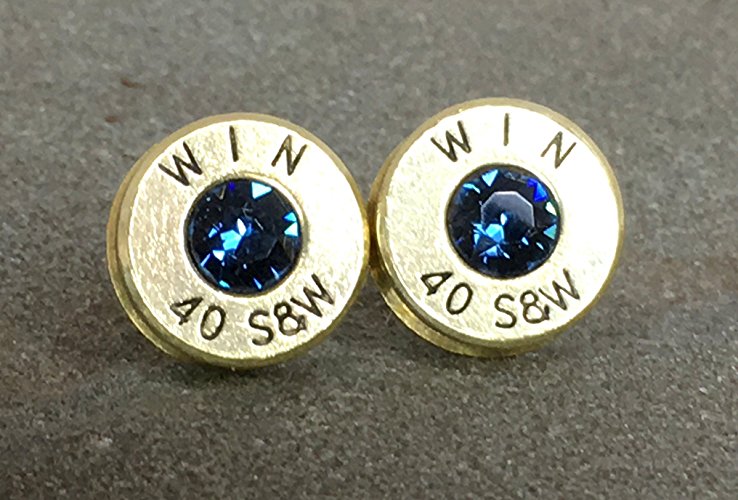 Swarovski Bullet Earrings 40 Caliber with Steel Posts and Montana Blue Primer Inset Stones