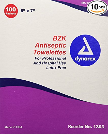 Dynarex BZK Antiseptic Towelette, 100 Count (Pack of 10)