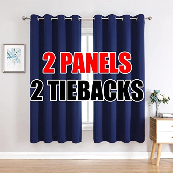 Miuco 1 Pair Thermal Insulated Grommet 52-Inch-by-63-Inch Blackout Window Curtain Panels with 2 Tie Backs, Navy Blue