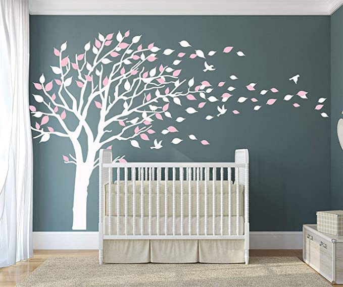 LUCKKYY Tree Blowing in The Wind Tree Wall Decals Wall Sticker Vinyl Art Kids Rooms Teen Girls Boys Wallpaper Murals Sticker Wall Stickers Nursery Decor Nursery Decals (White Pink )