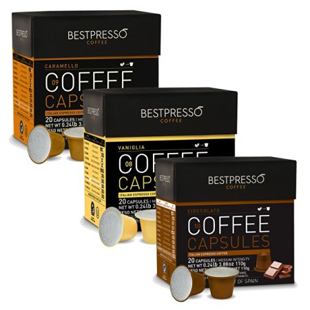 60 Bestpresso Nespresso Compatible Gourmet Coffee Capsules -Flavored Variety Pack Caramel, Vanilla & Chocolate - Nespresso Pods Alternative - Certified Genuine Espresso- 60 Days Satisfaction Guarantee