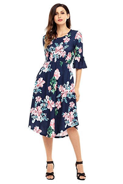 Annflat Women's Summer Floral Print Bell Sleeve Casual Midi Dress S-XXL