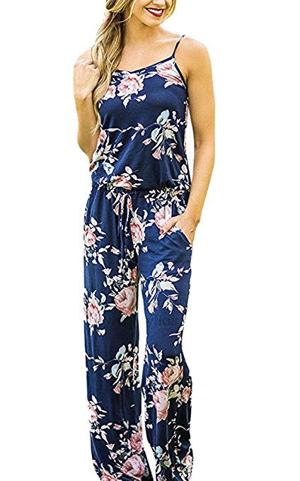 ECOWISH Womens Summer Floral Printed Halter Sleeveless Casual Strap Jumpsuit