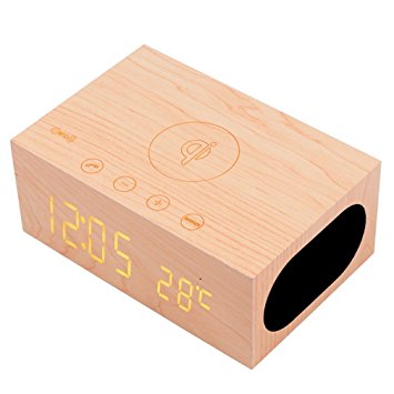 2017 Newest YOUMI Multi-Function Stereo Bluetooth Wood Speaker Wireless Charger with Built in Mic,Clock, Thermometer, NFC and LED Time Display for Smartphones, Laptop/Desktop PC and Tablets(Yellow)
