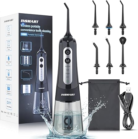 INSMART Water Flosser Cordless Dental Pick for Teeth Clean, Professional Oral Irrigator DIY 4 Modes IPX7 Waterproof 300ML Tank USB Rechargeable, Irrigate Jet for Plaque Removal Oral Gums Care(black)