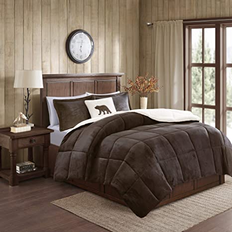 Woolrich Alton Ultra Soft Plush To Sherpa Berber Down Alternative Cold Weather Winter Warm Comforter Set Bedding, King, Brown/Ivory