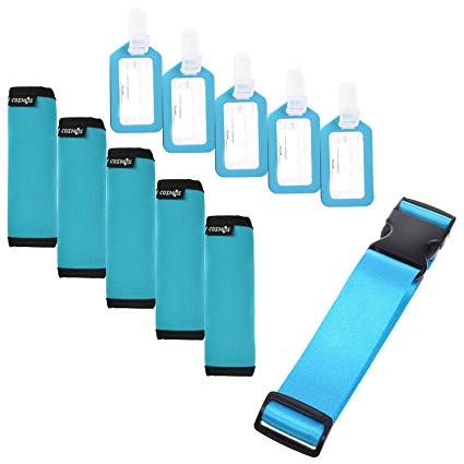 Cosmos ® 5 Pcs Aqua Blue Comfort Neoprene Handle Wraps/Grip/Identifier   Light Blue Luggage Tags   Light Blue Nylon Add a Bag Luggage Strap