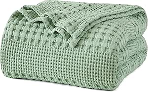 PHF 100% Cotton Waffle Weave Blanket Twin Size, Lightweight Washed Cotton Blanket for Spring & Summer - 66"x90" Aesthetic Soft Woven and Breathable Blanket for Bed Sofa Home Decor - Sage Green