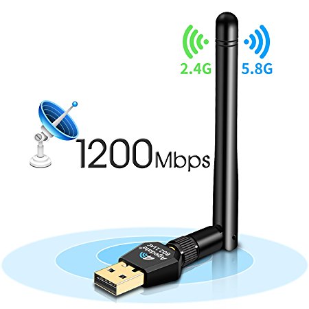 Agedate 1200Mbps Wifi Adapter, Dual Band 2.4GHz/300Mbps 5.8GHz/867Mbps USB Laptop Network Adapter with 5dBi High Gain Antenna, Support Windows XP/7/8/10/MAC OSX/Linux