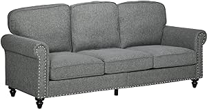 HOMCOM 3-Seater Sofa Couch, 81" Modern Linen Fabric Sofa with Rubberwood Legs, Nailhead Trim and Rolled Arms for Living Room, Bedroom and Apartment, Grey