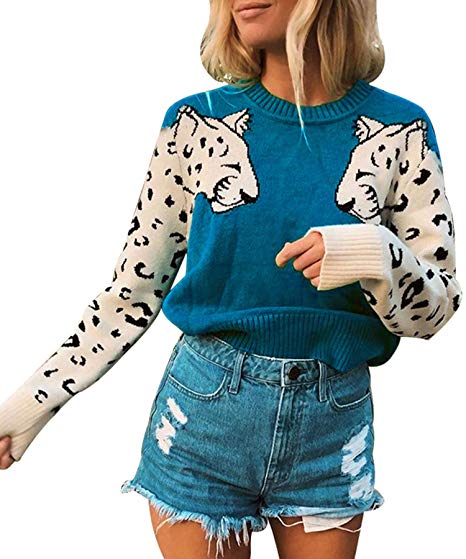 Angashion Women's Sweaters Casual Leopard Printed Patchwork Long Sleeves Knitted Pullover Cropped Sweater Tops