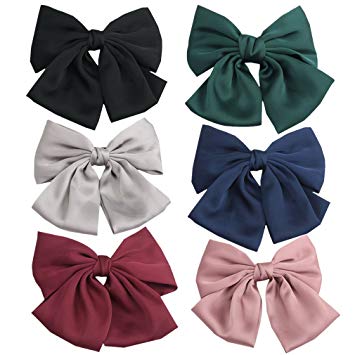PIDOUDOU Set of 6 Big Satin Solid 8 Inch Bow Hair Clips Women Barrettes