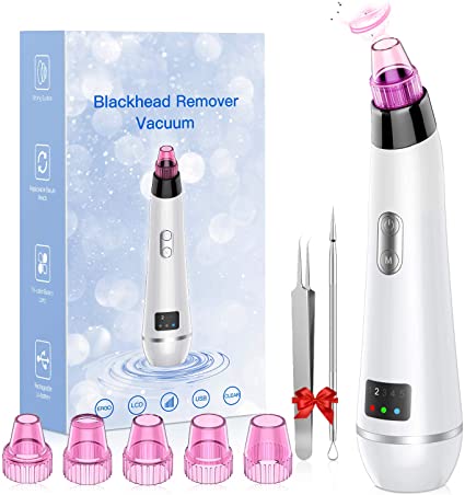 Blackhead Remover Vacuum Pore Cleaner USB Rechargeable Acne Comedone Extractor with 5 Adjustable Suction Power and 5 Replacement Probes (Extra 2 Blackhead Extractor included)