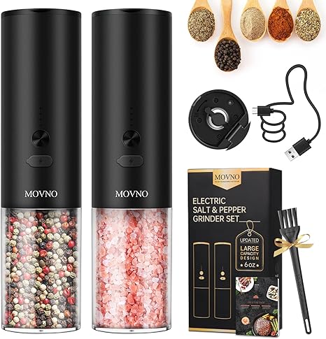 MOVNO Electric Salt and Pepper Grinder Set USB Rechargeable with Adjustable Coarseness & LED Light, Automatic Electric Salt and Pepper Shakers Set, Refillable Pepper Mill Grinder