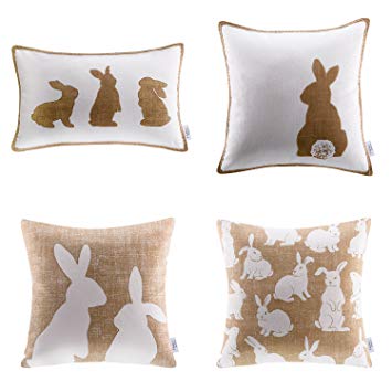 Ashler Happy Easter Throw Pillow Cover Set of 4 Beige and White Rabbits 18 x 18 Inch Pillow Case