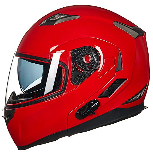 ILM Bluetooth Integrated Modular Flip up Full Face Motorcycle Helmet Sun Shield Mp3 Intercom (XL, RED)