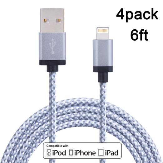 Cozify(TM) 4Pack 6FT Durable Nylon Braided Lightning Cables Syncing and Charging Cord with Aluminum Connector for iPhone 6s plus, 6s, 6 plus, 6, 5s, 5c, 5, iPad Air, iPad Mini, iPod (White)