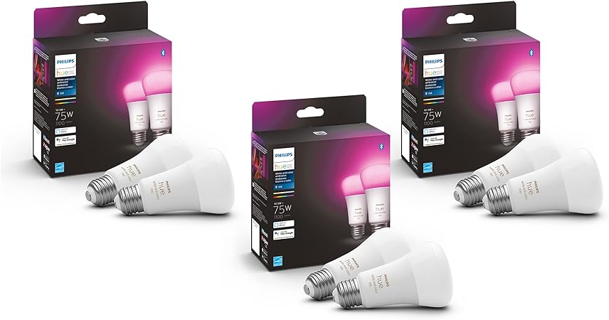 Philips Hue Smart 75W A19 LED Bulb - White and Color Ambiance Color-Changing Light - 6 Pack - 1100LM - E26 - Indoor - Control with Hue App - Works with Alexa, Google Assistant and Apple Homekit