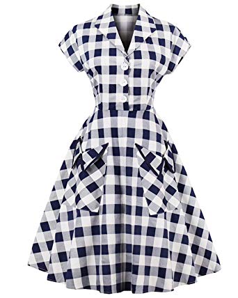 Women's 1950s Vintage Cap Sleeve V Neck Plaid Swing Dress with Pockets