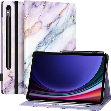 MoKo Case for Samsung Galaxy Tab S9 11-Inch 2023 (SM-X710/716B/718U) with S-Pen Holder, Hand Strap, Pocket, Multi-Angle Viewing Folding Stand Folio Cover Case for Galaxy Tab S9 2023, Purple Marble