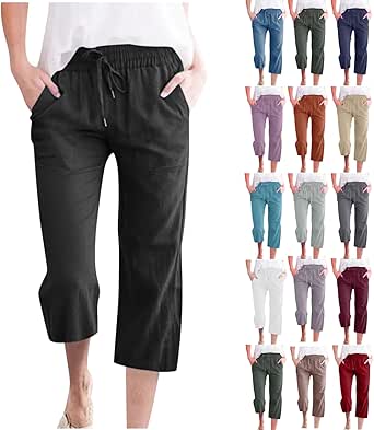 Linen Capri Pants for Women Straight Leg Capris Elastic Waist Crop Pants Drawstring Lounge Pants Casual Beach Pants