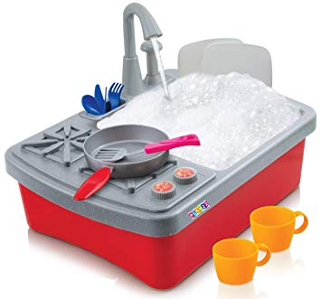 Play22 Kitchen Sink Toy 17 Set - Play Sink Play House Pretend Toy Kitchen Sink with Running Water - Kids Toy Sink with Real Faucet & Drain, Dishes, Utensils & Stove - Kitchen Toys for Toddlers & Kids