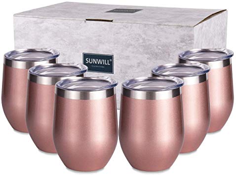 SUNWILL Insulated Wine Tumbler with Lid Rose Gold 6 pack, Double Wall Stainless Steel Stemless Insulated Wine Glass 12oz, Durable Insulated Coffee Mug, for Champaign, Cocktail, Beer, Office