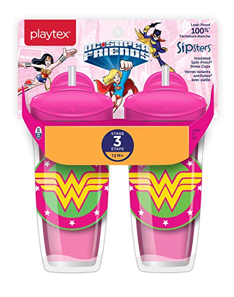 Playtex Sipsters Stage 3 DC Super Friends Wonder Woman Spill-Proof, Leak-Proof, Break-Proof Insulated Toddler Straw Sippy Cups - 9 Ounce - 2 Count