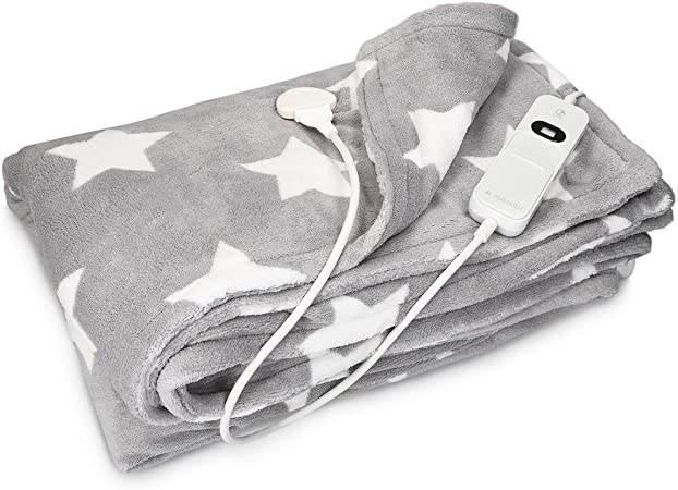 Navaris Electric Blanket - Double Size Heated Over Blanket with 3 Heat Settings and Auto Shut Off Timer - Plush Polyester Bed Throw (Grey with Stars)