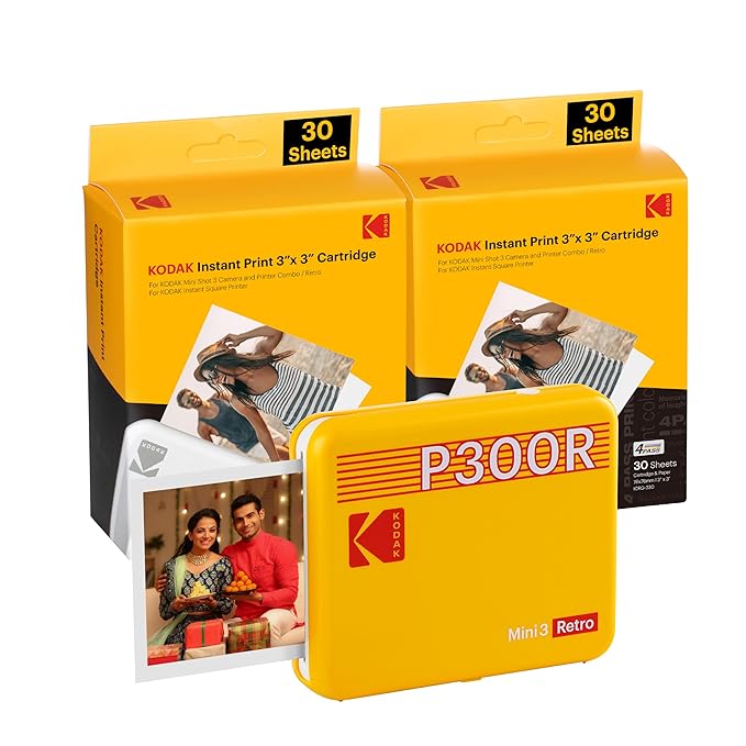 KODAK Mini 3 Retro 4PASS Portable Photo Printer (3x3 inches)   68 Sheets Bundle, Yellow