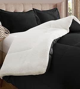 Elegant Comfort Super Soft Sherpa Comforter 3-Piece Set Premium Quality, Heavy Weight Reversible Down Alternative Micro-Suede, Sherpa Comforter, King, Black Satin