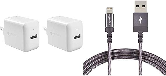 AmazonBasics One-Port USB Wall Charger for Phone, iPad, and Tablet, 2.4 Amp, White, 2 Pack & Nylon Braided Lightning to USB A Cable, MFi Certified iPhone Charger, Dark Grey, 6-Foot