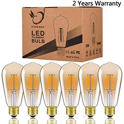 Antique LED Bulbs, 6W ST64 Dimmable Vintage Edison LED Bulbs(Amber Glass), 50W Incandescent Equivalent, Squirrel Cage Filament with 360° Beam Angle, Soft Warm 2200K, 420 Lumens, Pack of 6