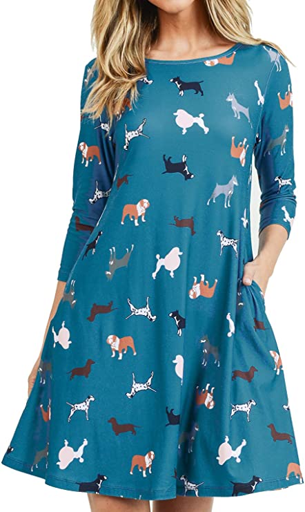 Women’s Printed Crew Neck A-Line Dresses with Pockets Casual Tropical Floral Novelty Animal Christmas Patterns
