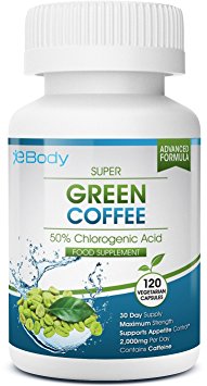 Super Green Coffee 120 Vegan Capsules by eBody® | 50% Chlorogenic Acid | With Added Green Tea Extract (95% Polyphenols) | Slimming Diet Pills | Fat Burners For Men & Women