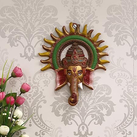 eCraftIndia Colorful Lord Ganesha Face Idol with Sun Metal Wall Hanging Sculpture Decorative Religious Showpiece for Home Wall Decor, Pooja Room, Temple & House Warming Gift