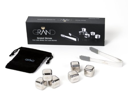 Whisky Stones Gift Set - 6 Reusable Food Grade Stainless Steel Ice Cubes and 1 Ice Tongs. These fabulous Whisky Rocks, ice stones, reusable ice cubes chill your drinks without Dilution. They make a great Gift Item.