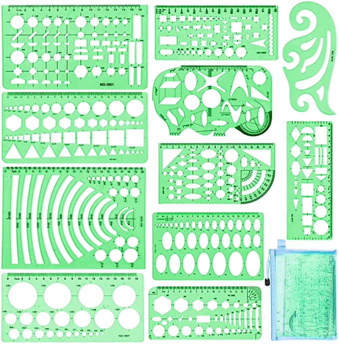 11 Pieces Geometric Drawings Templates Plastic Rulers Clear Green Plastic Measuring Rulers Drawing Stencils with 1 Blue Mesh Storage Bag for School Office Measurement, Art Designing and Painting