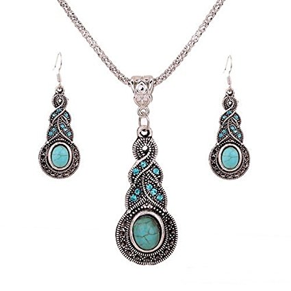 1 X Fashion Womens Retro Turquoise Rhinestone Earrings Necklace Jewelry Set