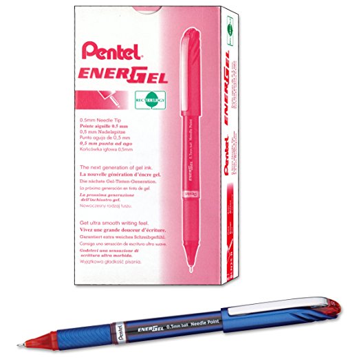 Pentel EnerGel NV Liquid Gel Pen, 0.5mm, Fine Line Capped, Needle Tip, Red Ink, Box of 12 (BLN25-B)