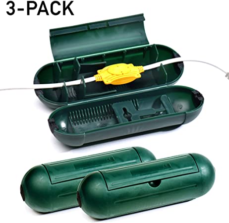 3 Pack Electrical and Extension Cord Protective Cover Set (Green) | Indoor Outdoor Water-resistant Holder for String Lights, Plugs and Wires | Capsule Shaped Protector with Large Compartment