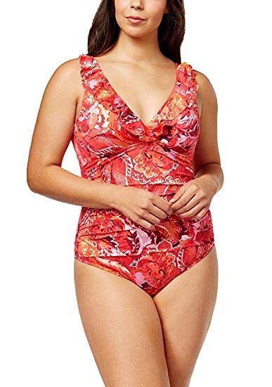 LAUREN RALPH LAUREN Women's Plus Size Tummy Control One-Piece Swimsuit Coral 22W