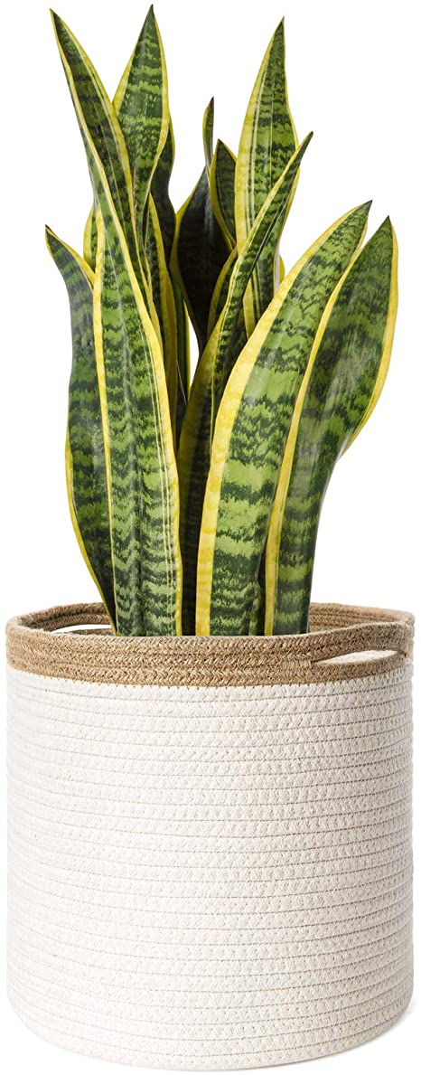 Mkono Cotton Seamed Jute Rope Plant Basket Modern Floor Indoor Planter Cover Up to 10 Inch Flower Pot Woven Storage Organizer with Handles Decorative Home Decor, 11" x 11"