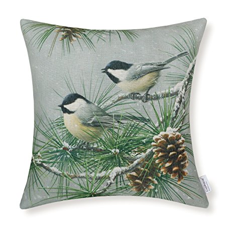 CaliTime Throw Pillow Cover 18 X 18 Inches, Wild Chickadees, Pinecones Tree in Winter