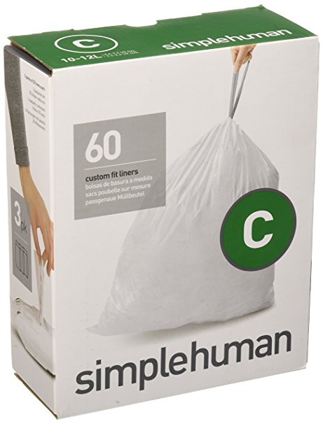 simplehuman Code C Custom Fit Liners, Drawstring Trash Bags, 10-12 Liter / 2.6-3.2 Gallon, 3 Refill Packs (60 Count)