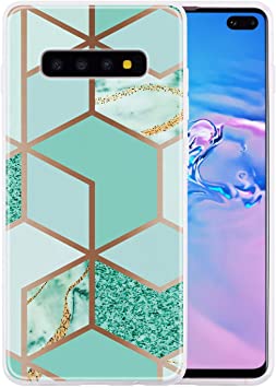 Ranyi Galaxy S10 Plus Case, Glitter Geometric Marble Pattern with Matte Translucent TPU Bumper Shock Absorbing Slim Flexible Resilient Rubber Silicone Case for Samsung Galaxy S10  Plus -Green