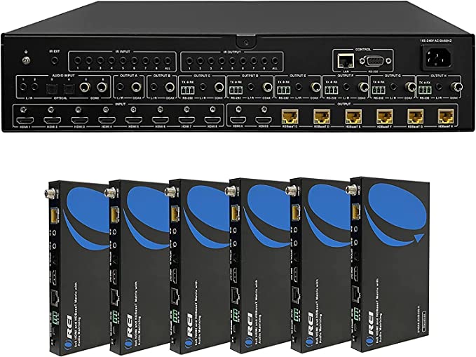 8x6 4K HDMI Matrix Switcher Extender by OREI - HDBaseT UltraHD 4K @ 60Hz 4:4:4 Over Single CAT5e/6/7 Cable with HDR, CEC & IR Control, RS-232 - Up to 300 Ft - 2 Loop Out 4 Receivers Audio Extractor