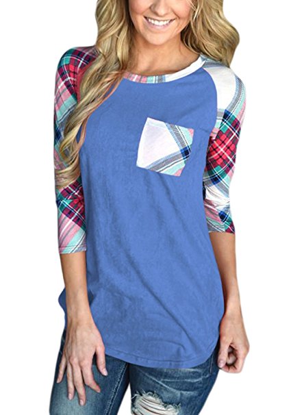 Podlily Womens O Neck Pocket Raglan 3 4 Sleeve Casual Plaid Blouses T Shirt Tops Pullover
