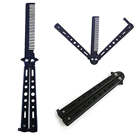 Stainless Steel Multi-Function Butterfly Comb For Hair And Beard Comb Practice Balisong Folding Training Safety Tool (Black)